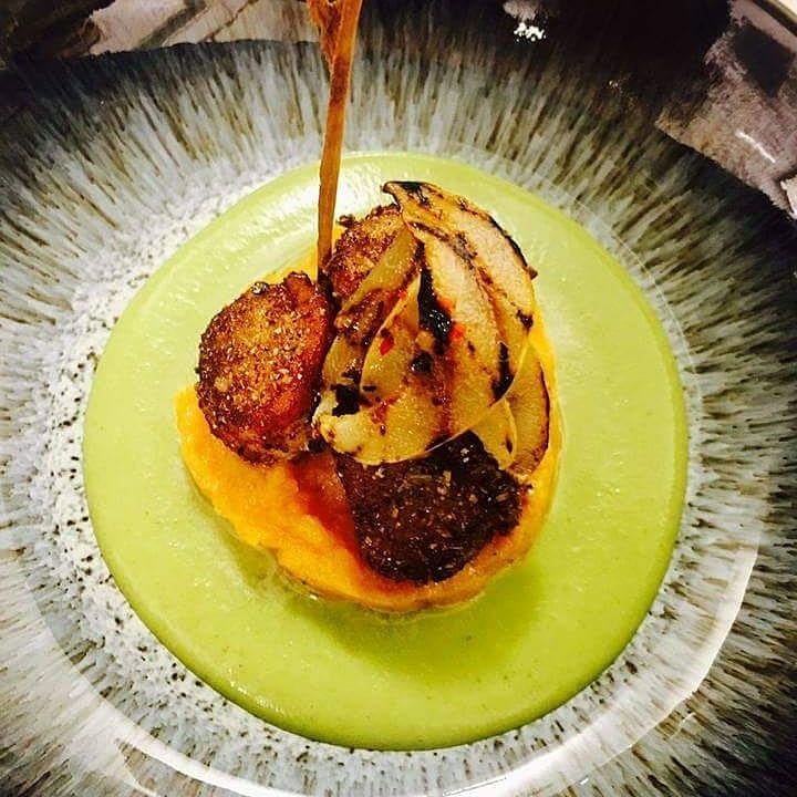 Scallops with Butternut Squash Puree, Charred Chilli Pear & Pea and Tarragon Bisque