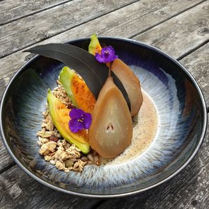 Eucalyptus Poached Pear & Prickly Pear over Sunflower & Seed Granola