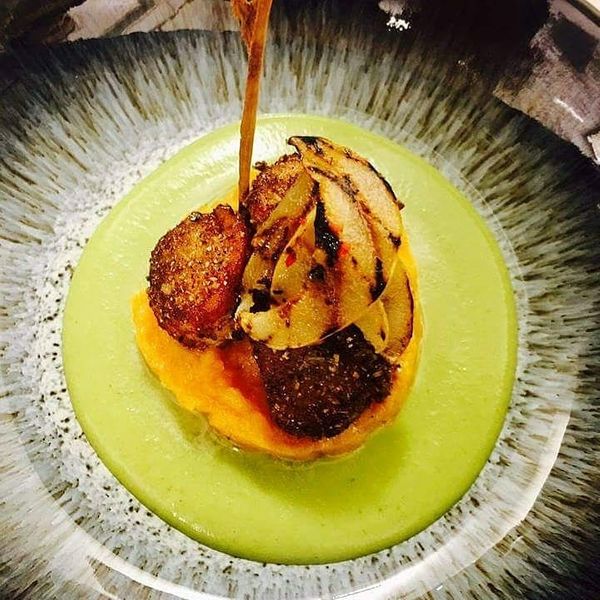 Scallops with Butternut Squash Puree, Charred Chilli Pear & Pea and Tarragon Bisque