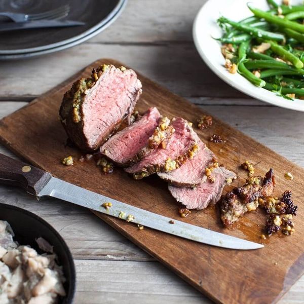 Grassfed Roast Beef with Mustard Crust and White Bean Mash with Walnuts