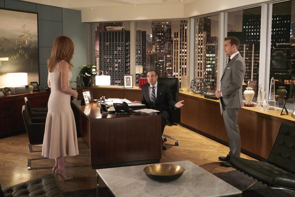 Suits - The Violin Episode, with Sarah Rafferty as Donna, Rick Hoffman as Lewis Litt and Gabriel Macht as Harvey Specter