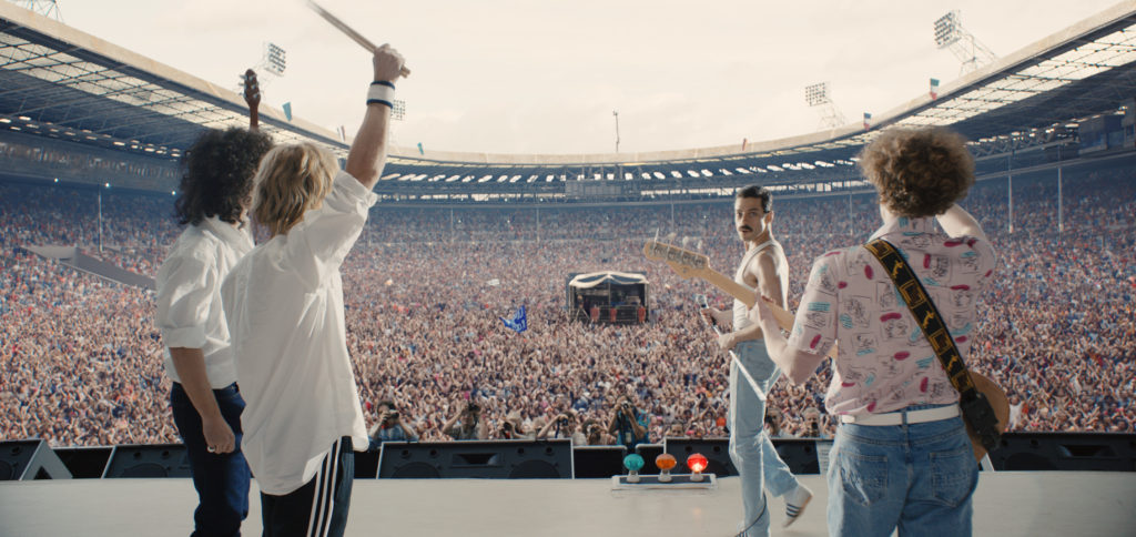 Gwilyn Lee (Brian May), Ben Hardy (Roger Taylor), Rami Malek (Freddie Mercury) and Jo Mazzello as (John Deacon) in the film Bohemian Rhapsody. Credit Twentieth Century Fox