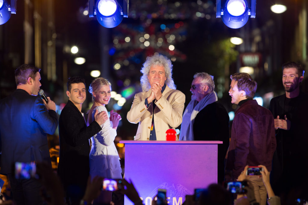 Brian May and Roger Taylor from Queen with the cast of Bohemian Rhapsody. Credit David Parry.PA Wire.