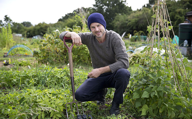 Noah Huntley at his allotment in the English countryside