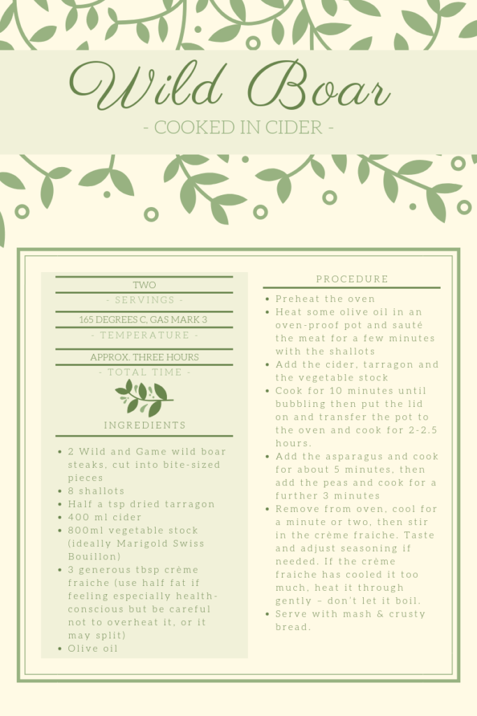 Recipe card for wild boar cooked in cider.