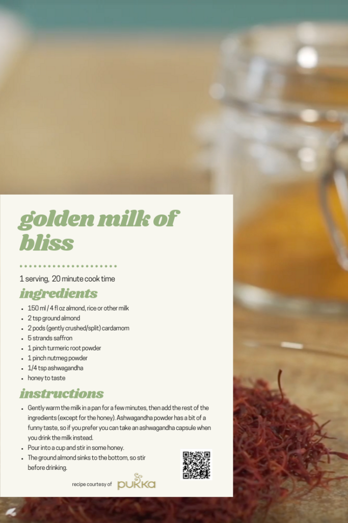 A graphic for Pukka's Golden Milk of Bliss Recipe with ingredients and instructions. Designed by Gwynnie Duesbery, 2019.