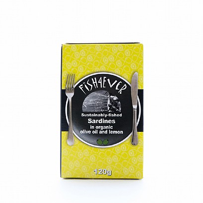 A yellow and black box of Fish4Ever Sardines in Organic Olive Oil and Lemon sits on a white background.