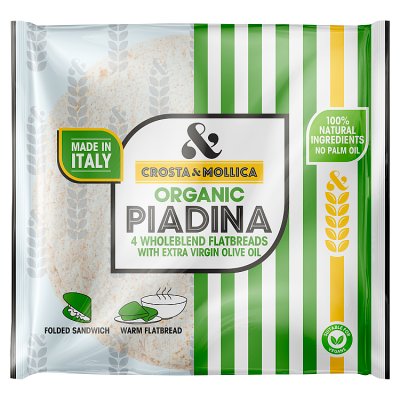A green, yellow, white, and black bag of Crosta & Mollica Piadina Organic Flatbreads sits on a white background.