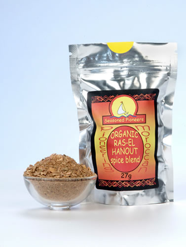 A package of Ras-El-Hanout Spice Mix from Seasoned Pioneers.