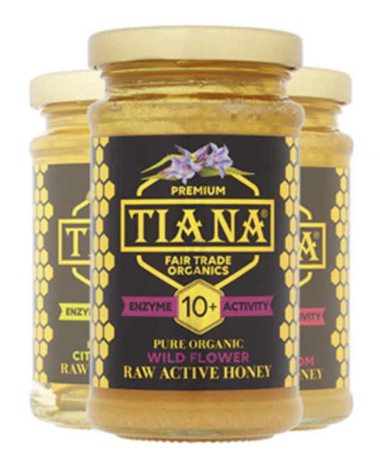 The three flavours, Wild Mountain flower, Citrus blossom, and Cherry Blossom, of Enzyme Activity honey from Tiana Fair Trade Organics.