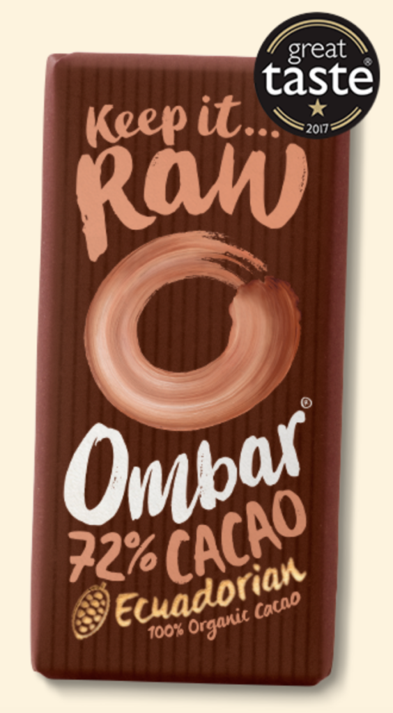 A product shot of Ombar's 72% Raw Cacao Bar.