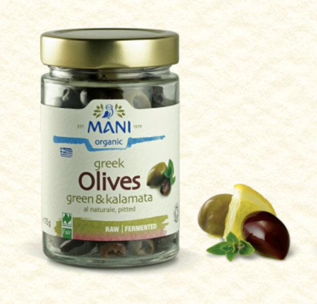 A product shot of MANI's Raw & Fermented Green And Kalamata Olives.