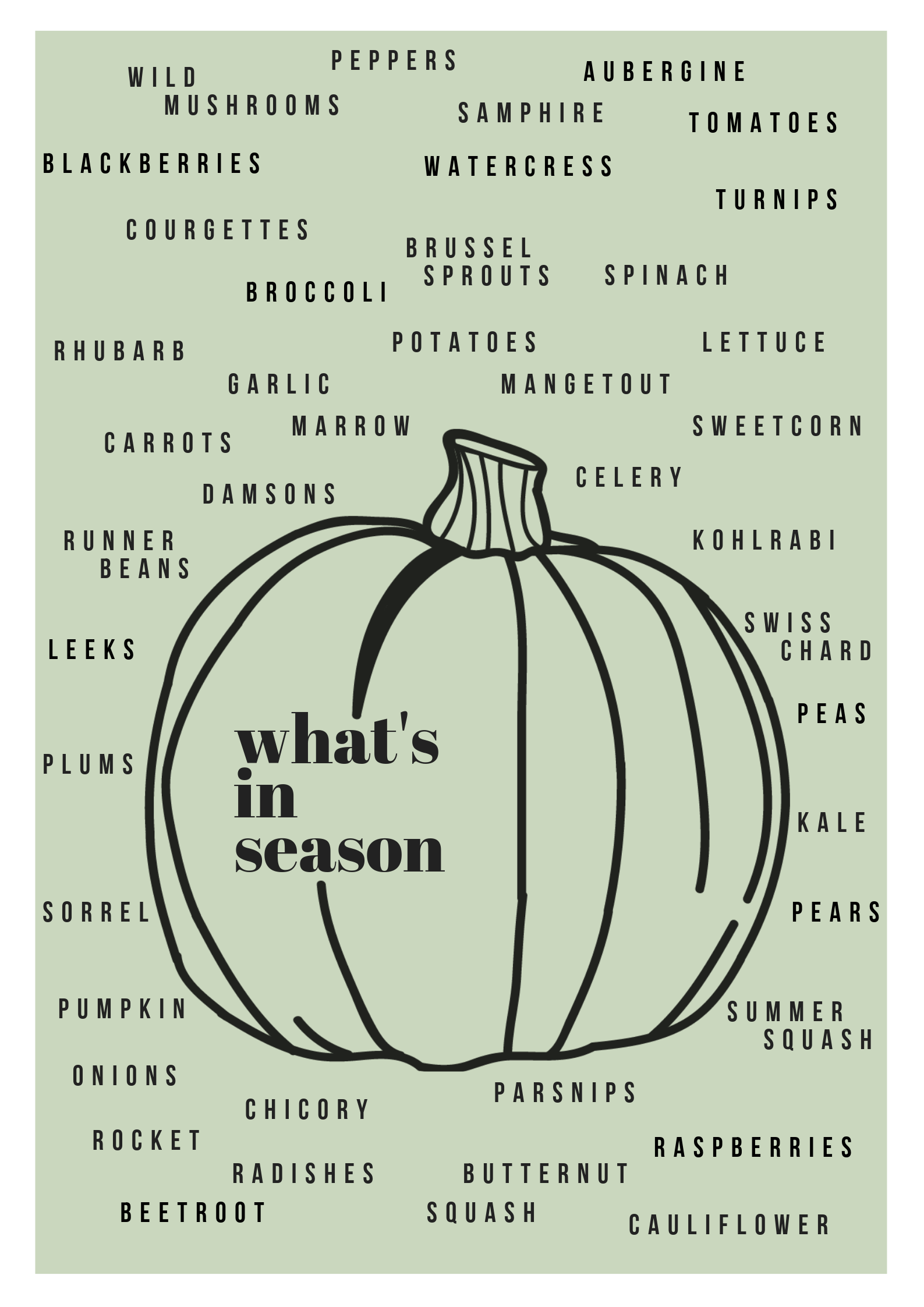 A poster conveying what fruits and vegetables are currently in season this September/October with an illustrated pumpkin as the background for the list of produce. Designed by Gwynnie Duesbery, 2019.