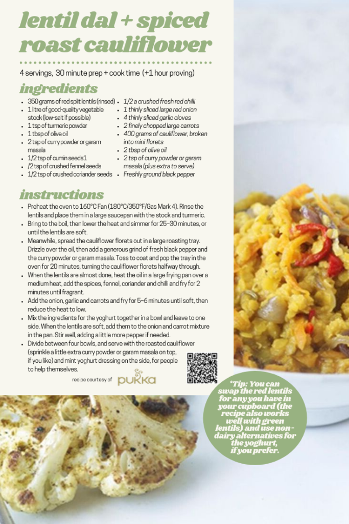 A graphic for Pukka's Lentil Dal + Spiced Roast Cauliflower Recipe with ingredients and instructions. Designed by Gwynnie Duesbery, 2019.
