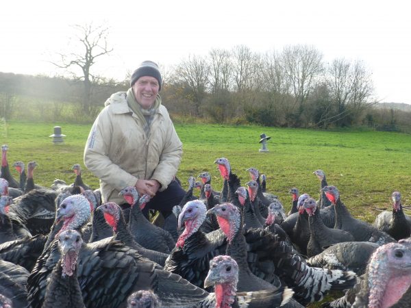 A farmer stands with an organic and biodynamic rafter of turkeys at Hungary Lane Farm.